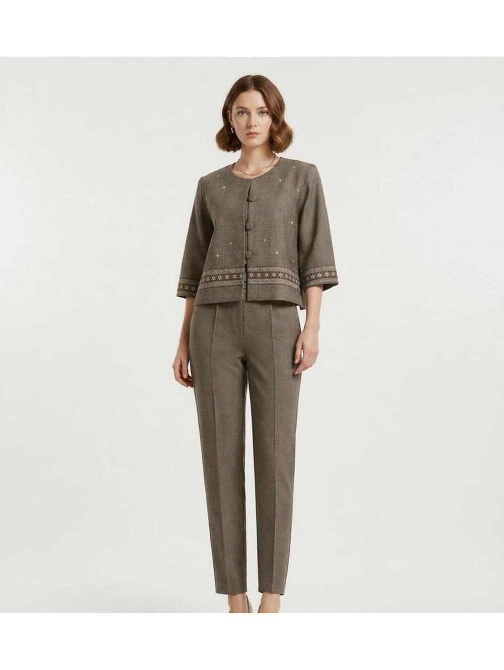 Brown Embroidered Two-Piece Set M Button Up Top Tailored Pants Floral Boho S/M